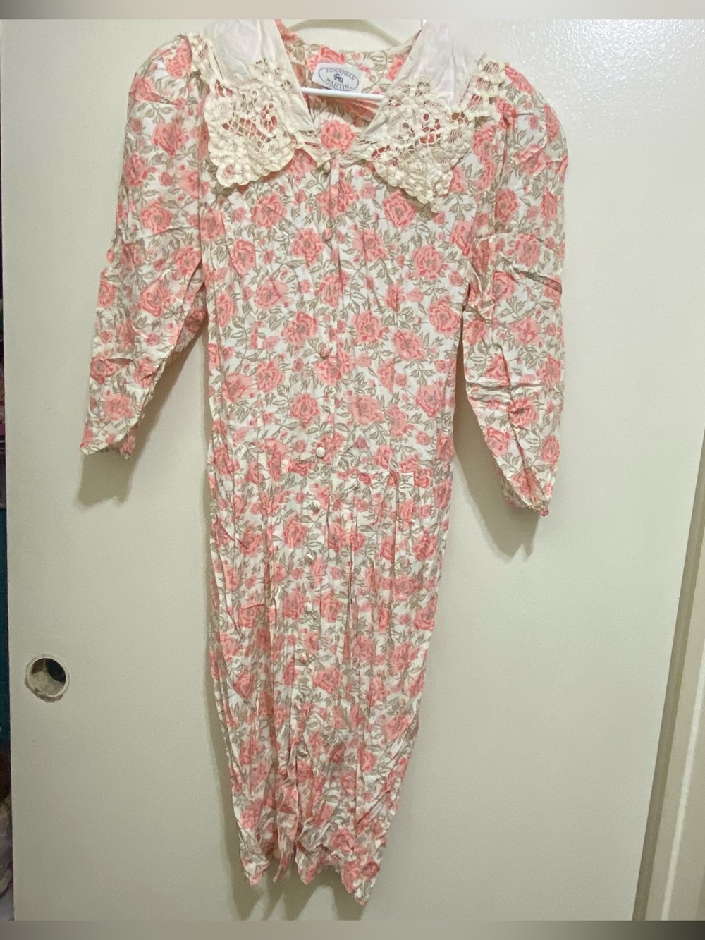 Vintage Jonathan Martin Womens Size 5 6 34” Midi Dress pink Floral Lace Neck